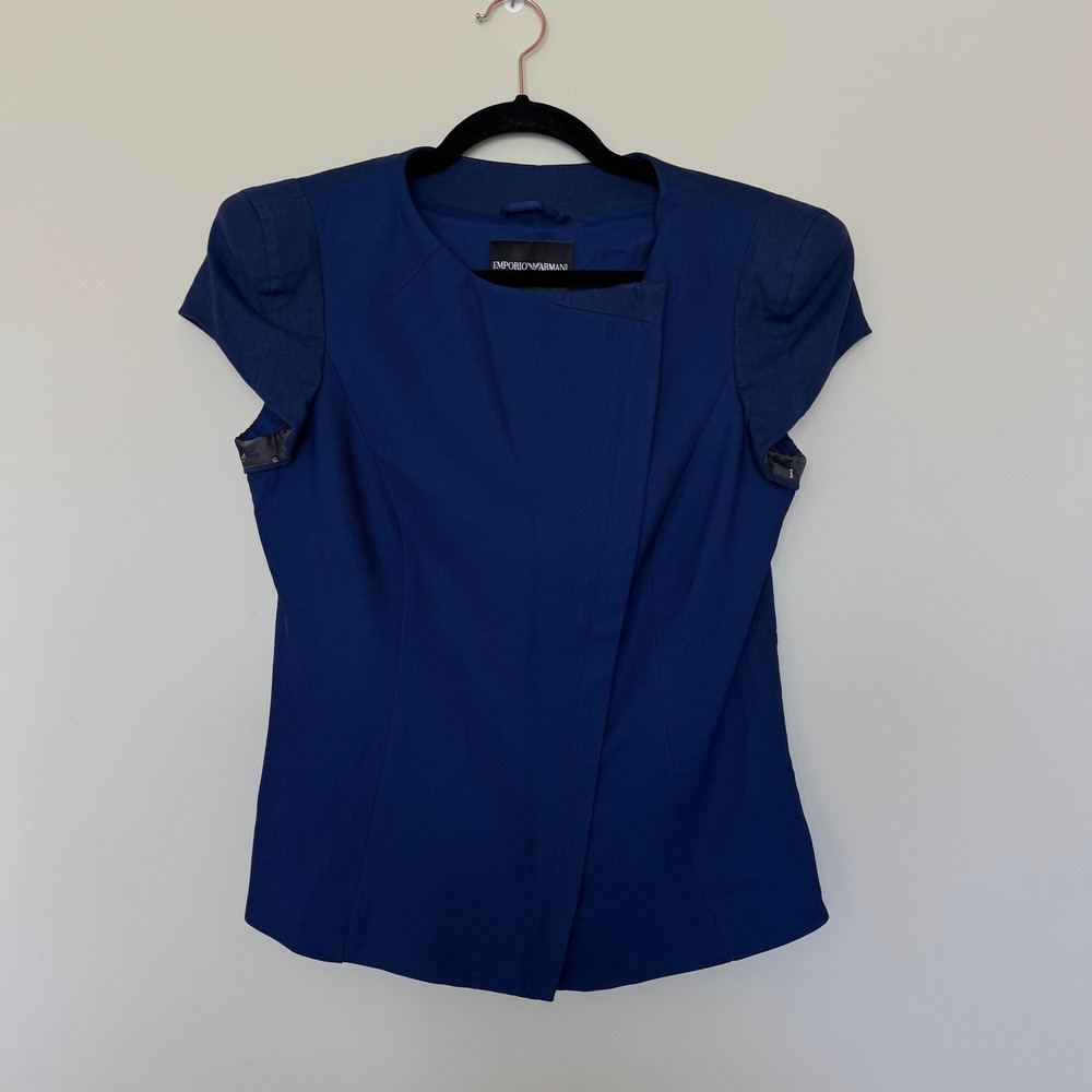 Emporio Armani Navy Blue Linen Blend Asymmetrical Zip Short Sleeve Blazer IT 44
